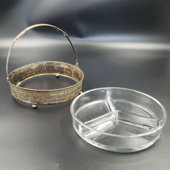 Art Nouveau Divided Glass Bowl with Distressed Silver Plate Holder Candy Snacks - Picture 4 of 16